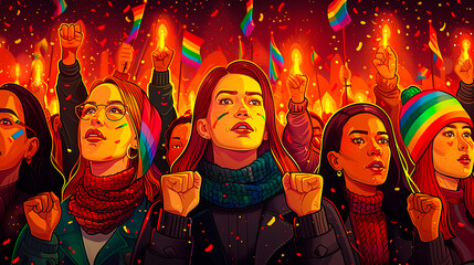 This illustration showcases a determined crowd at a gay pride event, fists raised high, exemplifying strength and solidarity of the LGTBIQ+ community