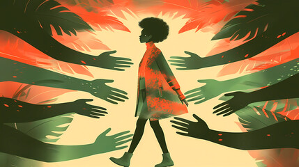 An evocative illustration capturing a solitary figure walking forward as multiple hands reach out towards them, representing solidarity and support within the gay and LGTBIQ+ community