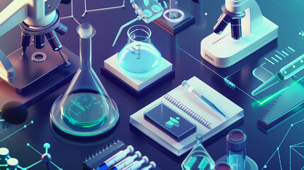 Lively 3D icons symbolize diverse scientific disciplines, igniting curiosity and scholarly exploration, while state-of-the-art laboratory instruments such as centrifuges and spectrometers demonstrate  - obrazy, fototapety, plakaty