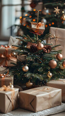 An evergreen tree with holiday ornaments and gifts in a festive living room