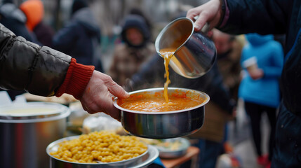 A person serving soup to another at an outdoor charity event.