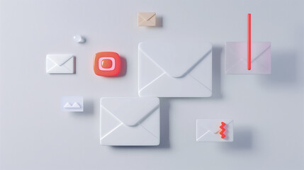 Against a minimalist white background, sleek 3D icons, including an email envelope, newsletter, and subscriber list, epitomize the essentials of effective email marketing.
