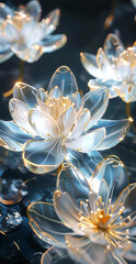 White translucent lily flowers with glass structure and gold design, wallpaper, poster - 793023574