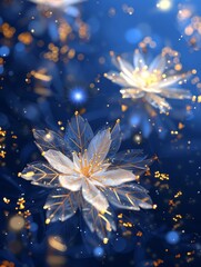 Snowflakes with gold decoration that look like flowers on a blue blurred background with bokeh and highlights - 793023944