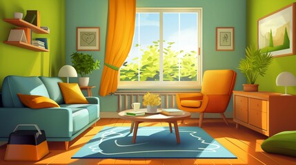 Home living room interior ship with sofa, window and frame, cartoon illustration style design, 3d