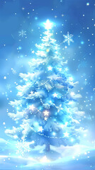 Christmas tree in blue color, with lights, glow, snowflakes, card, background, design