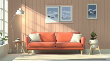 Home living room interior ship with sofa, window and frame, cartoon illustration style design, 3d