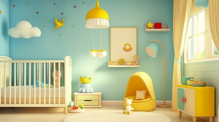 Lovely nursery home interior background, cartoon illustration style, 3d