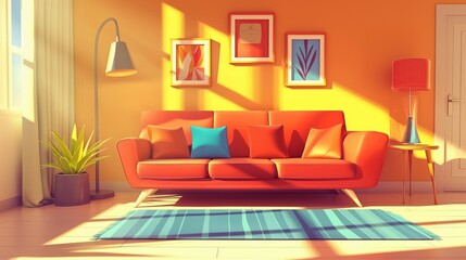 Home living room interior background with sofa and frame, cartoon illustration style design, 3d
