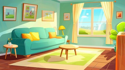 Home living room interior background with sofa and frame, cartoon illustration style design, 3d
