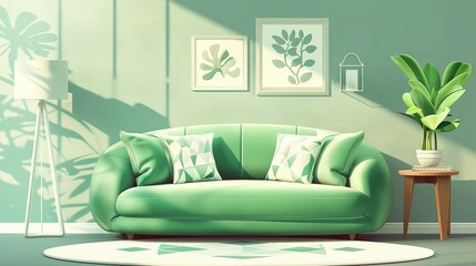 Round and cute light green sofa home interior belly, cartoon illustration style design, 3d