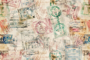 Background with various stamps in passport. Travel texture in the form of stamps in passport 