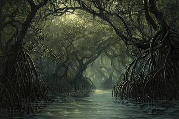 Dense mangrove forest with twisted roots plunging into murky waters.