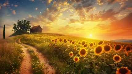 Foto op Plexiglas Sunset Embrace A wooden house nestles amid a sea of sunflowers basking in the golden light of a setting sun, creating a path that beckons one into the warmth of a rural idyll. © MC-CHUAN