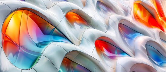 Abstract futuristic curved architecture fluid colour waves glossy vibrant reflections organic shapes background.