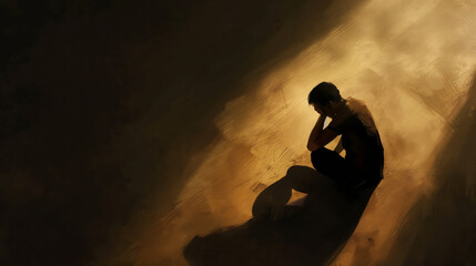 A silhouette of a depressed man sitting on the floor, holding his head in his hand, with rays of light shining through from above. The background is dark and gloomy. Lonely and unhappy concept.