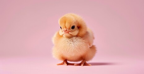 A fluffy cute baby chicken on a pink background.