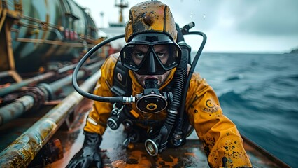 A diver with specialized gear collects waste from a tanker for biofuel. Concept Eco-friendly solutions, Marine conservation, Sustainable energy, Recycling practices, Environmental impact