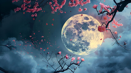 a full moon veiled by clouds, sakura petals floating in the air, painting, colored
