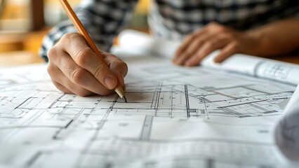 Architect inspecting plans for a residential renovation project. Concept Architectural Design, Residential Renovation, Blueprint Analysis, Construction Planning, Building Inspection