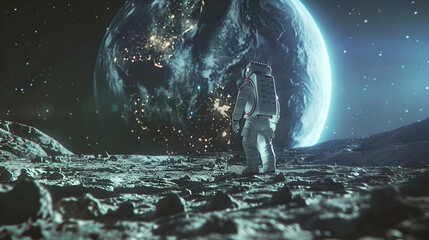 Astronaut Walking on the Moon with Earth in Background - obrazy, fototapety, plakaty