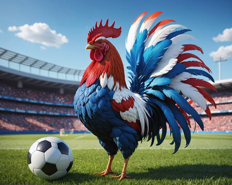 Coq tricolore bleu blanc rouge, mascotte sportive de l'équipe de France sur le stade - IA générative