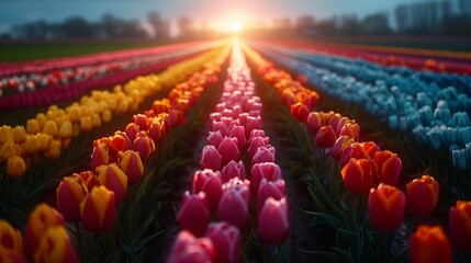 Aerial view of tulip fields in the Netherlands rows of colorful flowers creating a breathtaking and successful scenic wallpaper.  - obrazy, fototapety, plakaty
