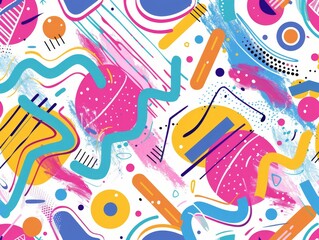 Fototapeta premium pattern with colorful shapes and lines in a retro style with pastel colors and bright colors on a white background Generative AI