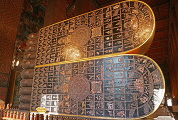 Soles of Reclining Buddha's Feet in Wat Pho Temple, Inlaid 108 Auspicious Symbols with Mother of...