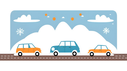 children vector illustration of cars driving on the road with snow covered mountains