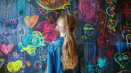 girl standing in front of a vibrant chalkboard adorned with colorful doodles and drawings