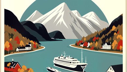 Norway travel art deco with mountains and fjords