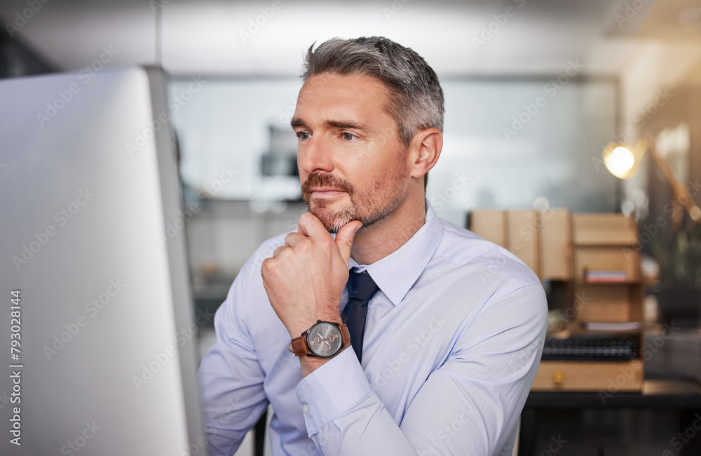 Aufkleber Businessman, thinking and computer in office with corporate manager for project with idea. Vision, planning and technology for clients with internet for online in company with entrepreneur in job