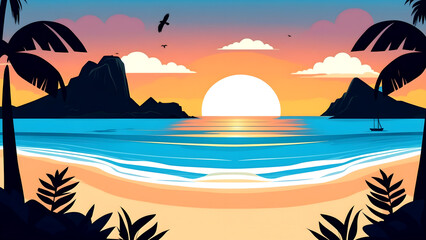 Tropical island with palm trees on the beach at sunset illustration background - obrazy, fototapety, plakaty