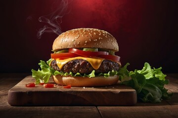Hamburger on wooden background with lettuce, tomato, cheese, beef, and sesame bun