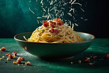 Pasta with sauce and vegetables, a delicious Italian meal on a green plate