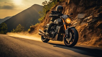 Sunset Ride on Curvy Mountain Road: Motorcyclist in Action
