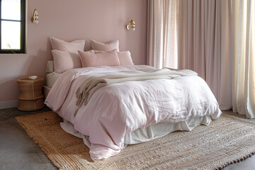 Fototapeta na wymiar A serene powder pink bedroom with a natural fiber rug and a comfortable, oversized bed.