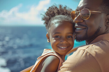 African child girl enjoying the sunny atmosphere on a cruise ship with her father - obrazy, fototapety, plakaty