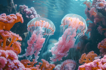 Underwater Dance: Elegant Jellyfish Floating Amongst Coral Reefs