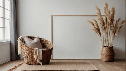 ertical frame mockup standing on wooden floor in living room interior with dried pampas grass, woven basket, blanket and pillow with tassels on white wall background