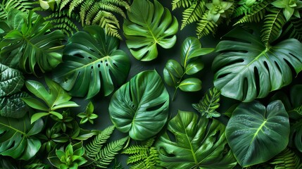 Vibrant Tropical Foliage with Ferns and Monstera Deliciosa Generative AI