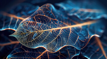 Macro photography, futuristic organic nature-inspired abstract green leaf vein pattern connecting...