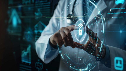 Doctor with a stethoscope touches open lock radio wireless wifi signal icon on a virtual interface. Medical Information Wireless Connection Digital Technology Security