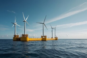 Sea Wind Turbines Harnessing Energy Under Blue Sky