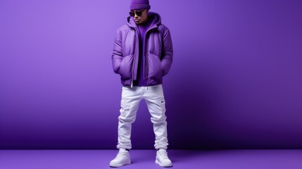 Stylish Man in Purple Jacket and Sunglasses on Purple Background
