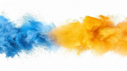 Abstract 3d render, blue and yellow powder explosion isolated on white background High quality