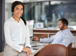 Call center, portrait and smile of business woman in office for support, help desk and customer...