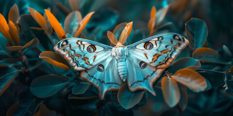 Ethereal Blue Butterfly Perched on Tangerine Foliage