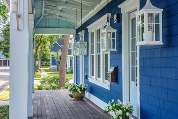 Bright cobalt blue Cape Cod style vacation home with a front porch adorned with white hanging...